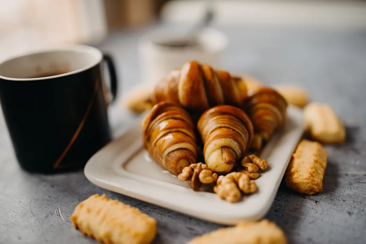 Taza de café oscura junto a una bandeja de cruasanes y pastas