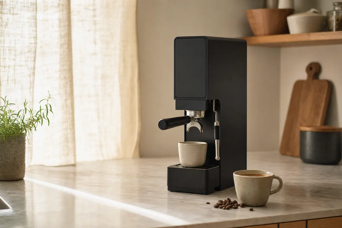 Escena ilustrativa: cafetera espresso compacta negra sobre encimera de mármol junto a una cortina de lino