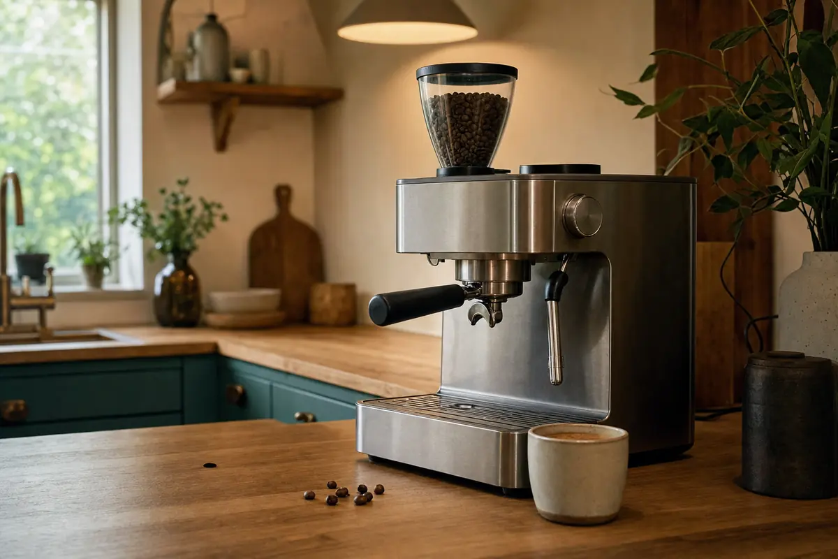 Escena ilustrativa: cafetera espresso con molinillo integrado en una cocina de madera y armarios verdes