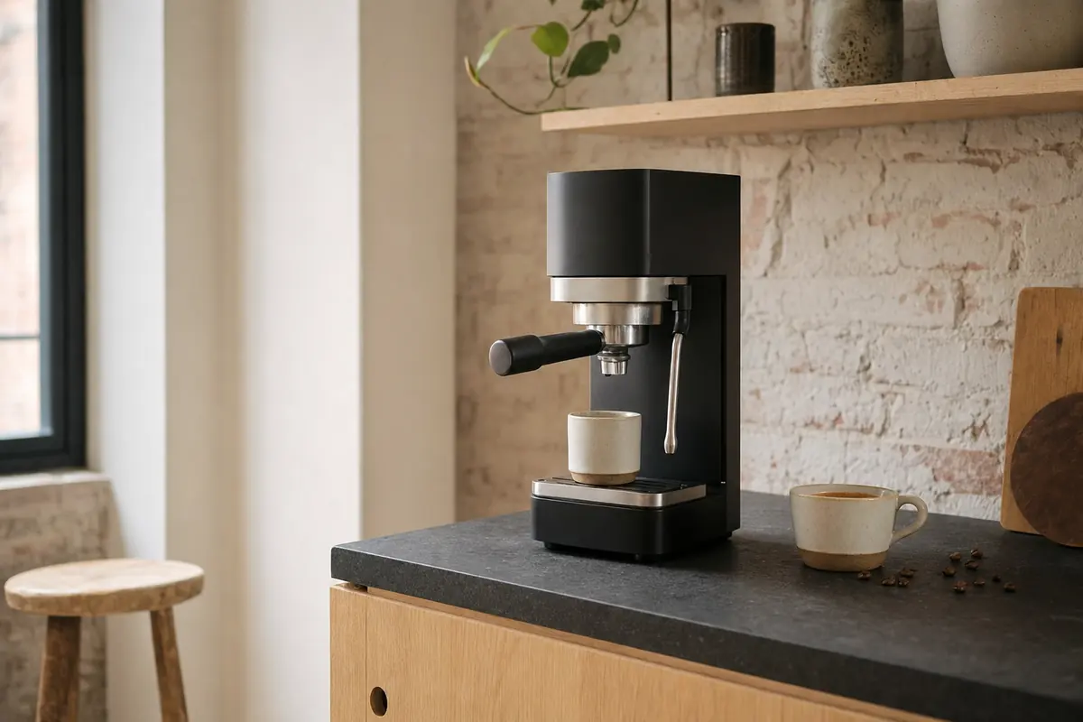 Escena ilustrativa: cafetera espresso compacta y estrecha en una cocina de apartamento con pared de ladrillo