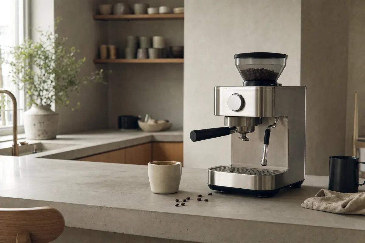 Escena ilustrativa: cafetera espresso con tolva de grano sobre una isla de cocina de hormigón claro