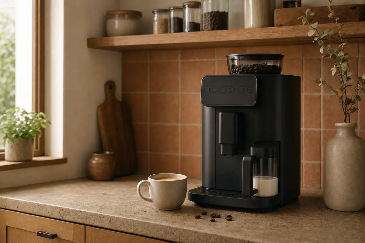Escena ilustrativa: cafetera superautomática negra en un rincón de cocina con azulejo terracota