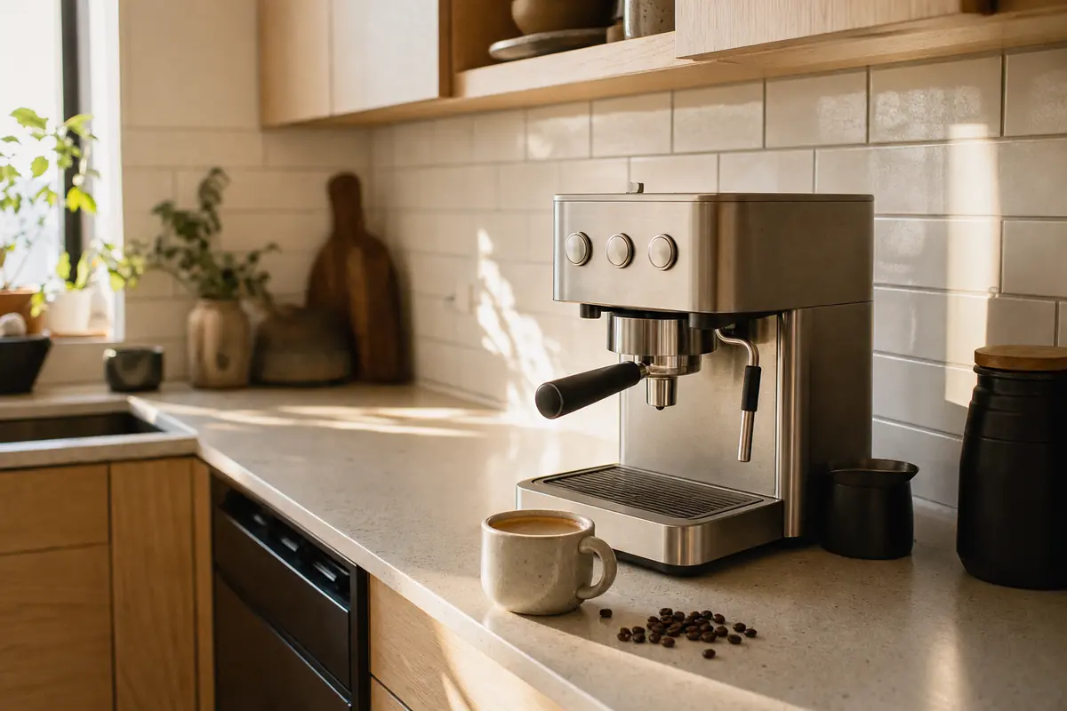 Escena ilustrativa: cafetera espresso manual de acero sobre la encimera de una cocina con azulejo claro