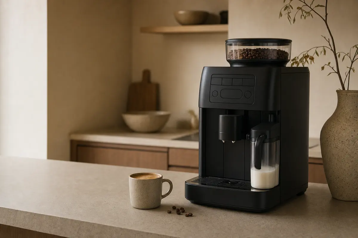 Escena ilustrativa: cafetera superautomática negra en una cocina minimalista de tonos cálidos