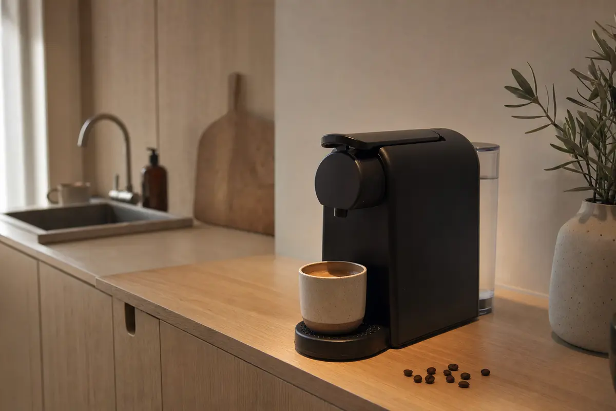 Escena ilustrativa: cafetera compacta de cápsulas en una cocina pequeña de madera clara