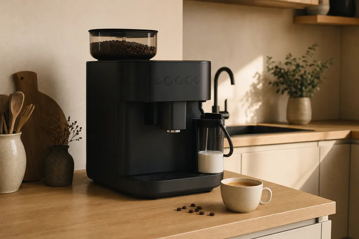 Escena ilustrativa: cafetera superautomática negra con jarra de leche en una cocina de roble y crema
