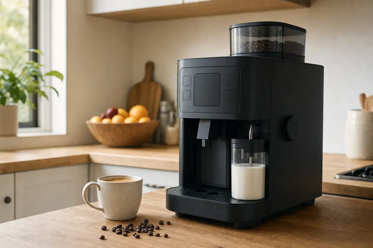 Escena ilustrativa: cafetera superautomática negra en una cocina familiar con encimera de madera